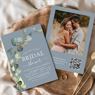Invitación Duste Blue Bridal Shower QR Code Photo Eucalyptus
