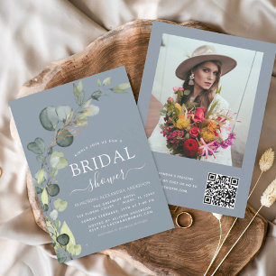 Invitación Duste Blue Bridal Shower QR Code Photo Eucalyptus