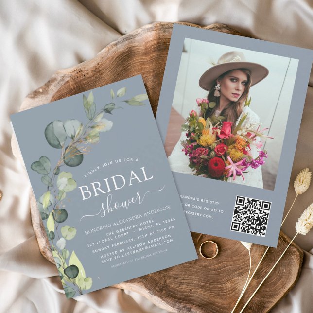 Invitación Duste Blue Bridal Shower QR Code Photo Eucalyptus (Subido por el creador)