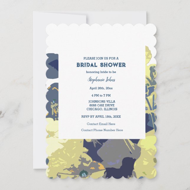 Invitación Duste Blue Bridal Shower Yellow Floral Art Boda (Anverso)