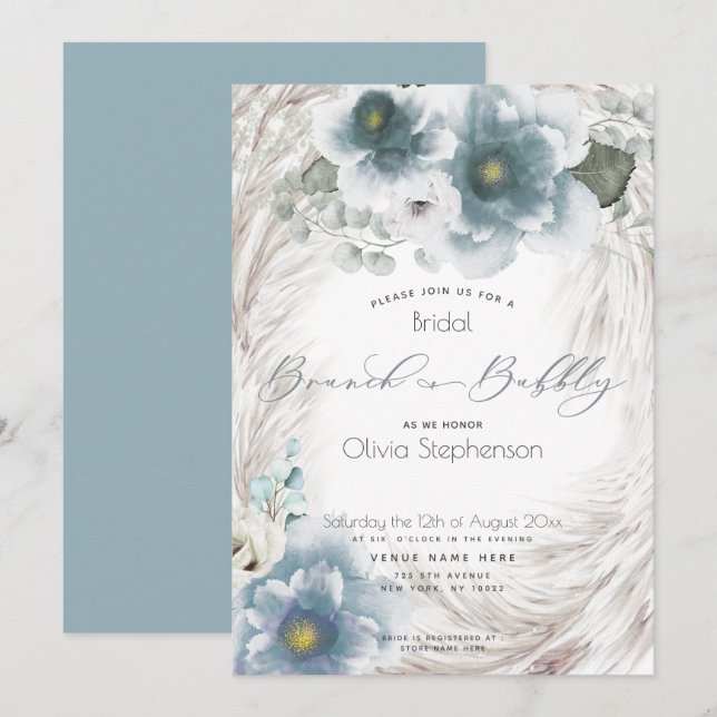 Invitación Duste Blue Brunch Bubbly Bridal Shower (Anverso / Reverso)