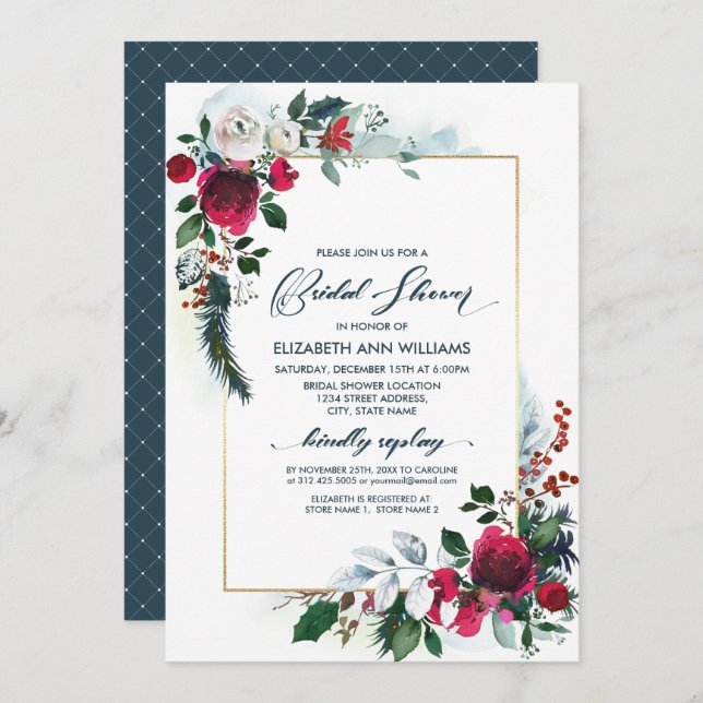 Invitación Duste Blue Burgundy Bloom Geometric Bridal Shower (Anverso / Reverso)