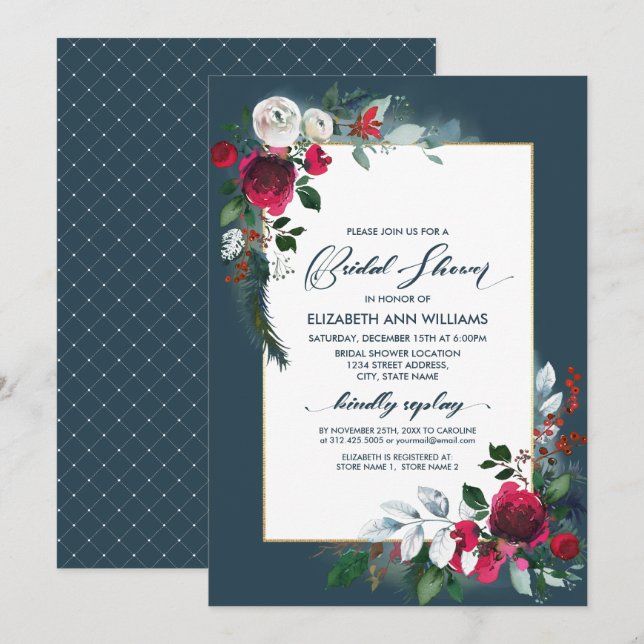 Invitación Duste Blue Burgundy Bloom Geometric Bridal Shower (Anverso / Reverso)