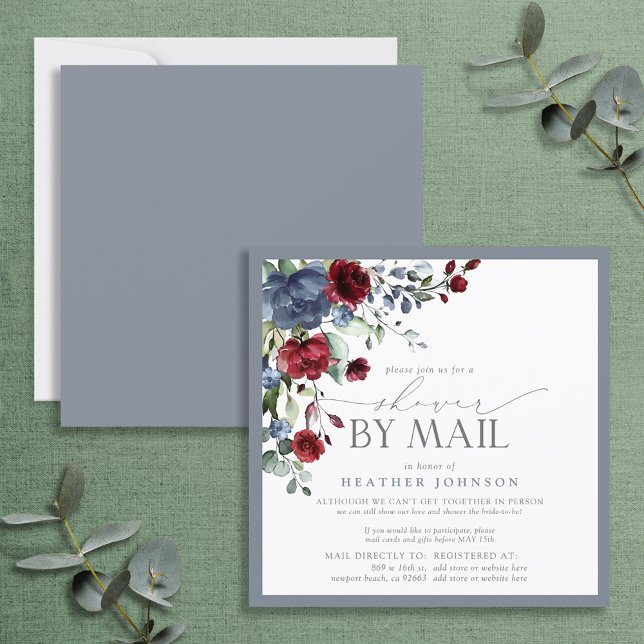 Invitación Duste Blue Burgundy Floral Bridal Shower Mail (Subido por el creador)