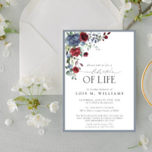 Invitación Duste Blue Burgundy Floral Celebración de la Vida
