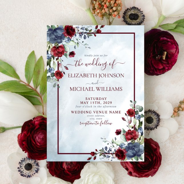 Invitación Duste Blue Burgundy Floral Watercolor Script (Subido por el creador)