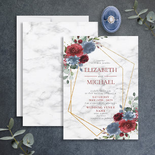 Invitación Duste Blue Burgundy Geométrico Floral Marble Sprin