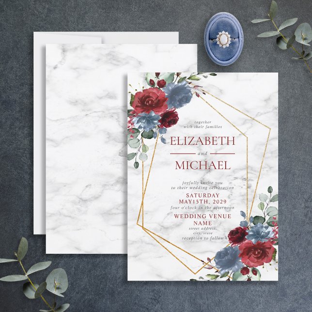 Invitación Duste Blue Burgundy Geométrico Floral Marble Sprin (Subido por el creador)