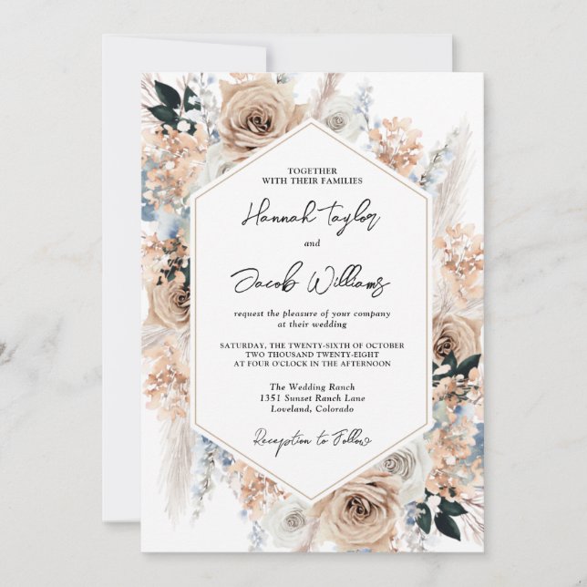 Invitación Duste Blue Champagne Boda floral QR Código RSVP (Anverso)