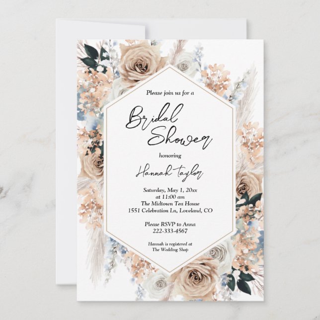 Invitación Duste Blue Champagne Floral Boho Bridal Shower (Anverso)
