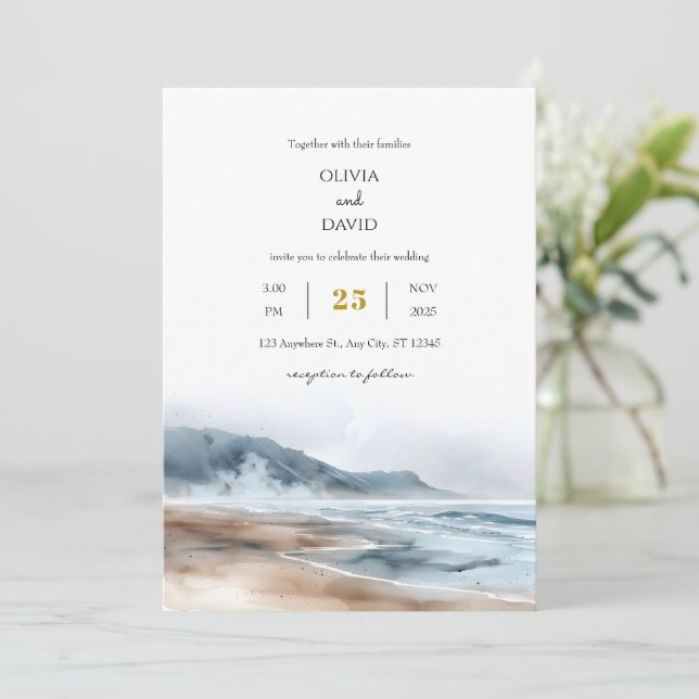 Invitación Duste Blue Coastal Misty Shoreline Beach Wedding (Anverso de pie)