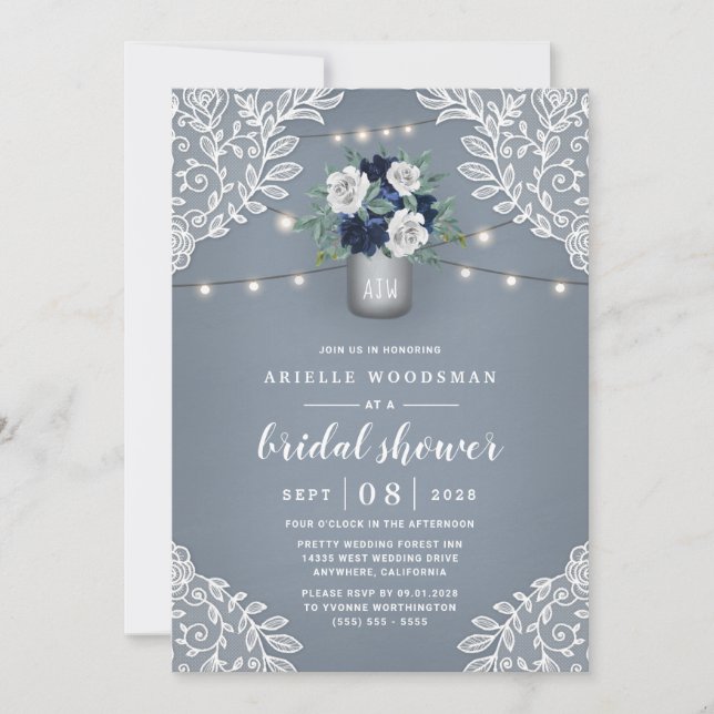 Invitación Duste Blue Country Lace Mason Jar Bridal Shower (Anverso)