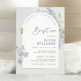 Invitación Duste Blue Delphinium Floral Arched Boy Baptism