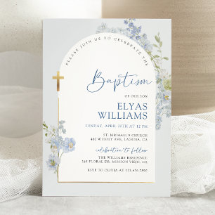 Invitación Duste Blue Delphinium Floral Arched Boy Baptism