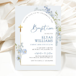 Invitación Duste Blue Delphinium Floral Arched Boy Baptism