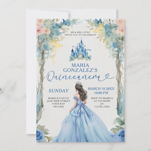 Invitación Duste Blue Dress Castle Pink Floral Quinceañera (Anverso)