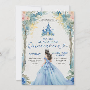 Invitación Duste Blue Dress Castle Pink Floral Quinceañera