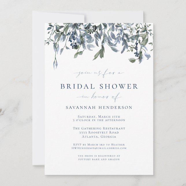 Invitación Duste Blue Elegal Bridal Shower (Anverso)