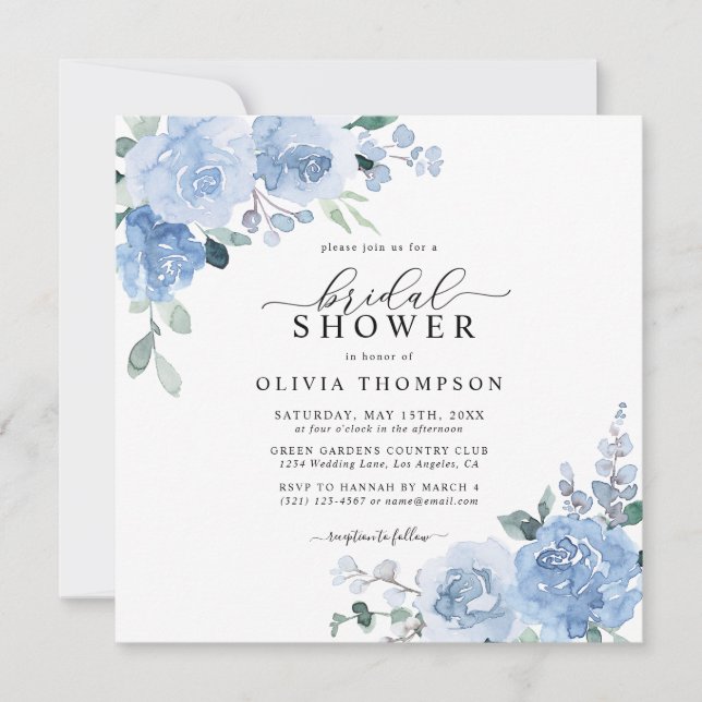Invitación Duste Blue Elegant Luz Botánica Bridal Ducha (Anverso)