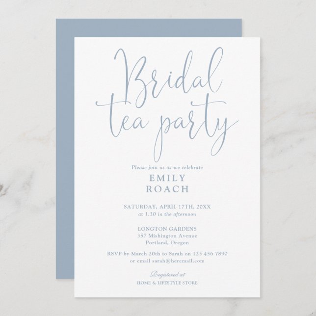 Invitación Duste Blue Elegant Script Bridal Tea Fiesta Ducha (Anverso / Reverso)