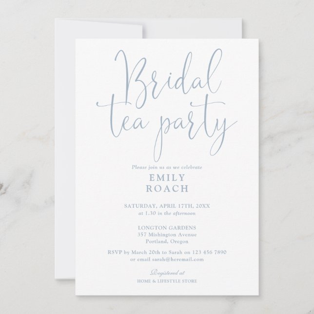 Invitación Duste Blue Elegant Script Bridal Tea Fiesta Ducha (Anverso)
