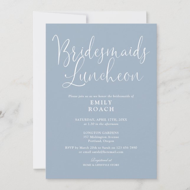 Invitación Duste Blue Elegant Script Bridesmaids Luncheon (Anverso)