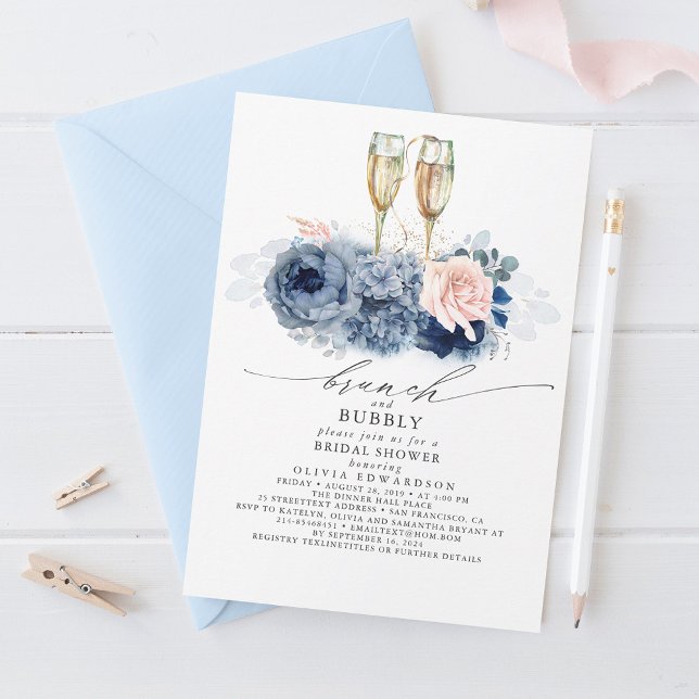 Invitación Duste Blue Elegch Brunch y Bubbly Bridal Shower (Subido por el creador)