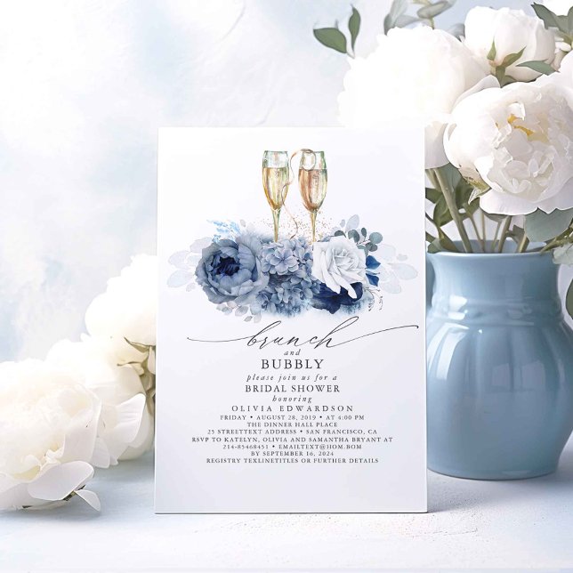 Invitación Duste Blue Elegch Brunch y Bubbly Bridal Shower (Dusty Blue Floral Bridal Shower Invitations Brunch and Bubbly)