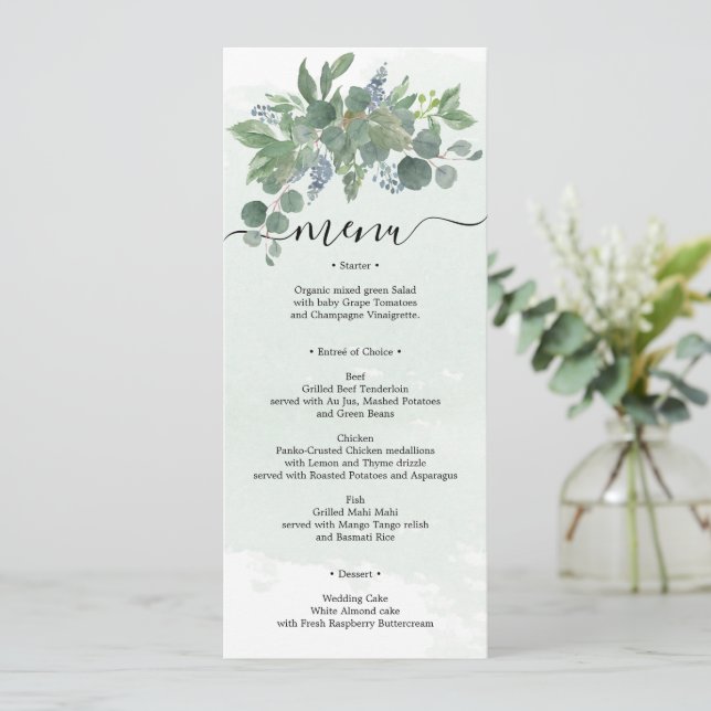 Invitación Duste Blue Eucalyptus Boda Menú Bridal Shower (Anverso de pie)