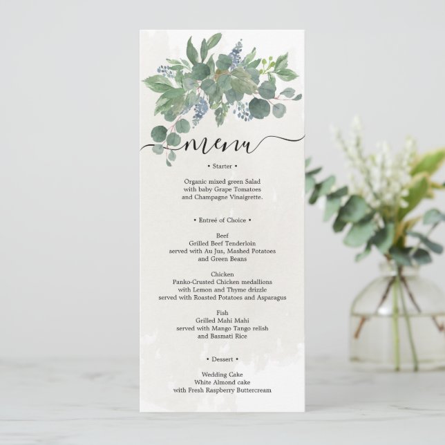 Invitación Duste Blue Eucalyptus Boda Menú Bridal Shower I (Anverso de pie)