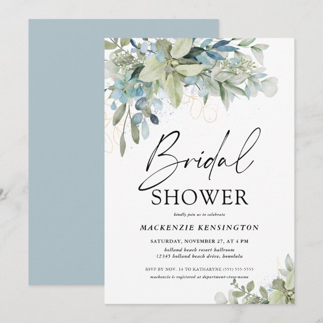 Invitación Duste Blue Eucalyptus Script Shower (Anverso / Reverso)