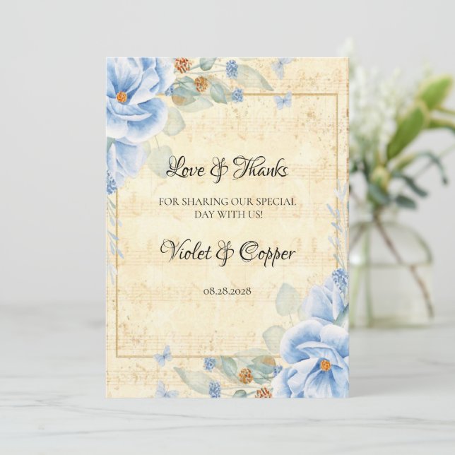 Invitación Duste Blue Floral Boda musical amor y gracias (Anverso de pie)