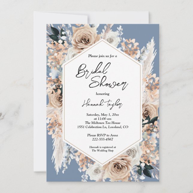 Invitación Duste Blue Floral Boho Bridal Shower (Anverso)