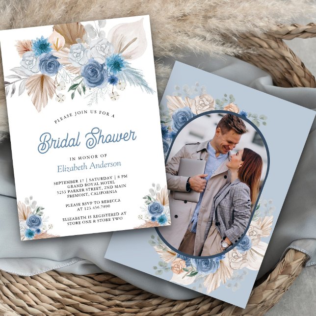 Invitación Duste Blue Floral Boho Pampas Foto Ducha de novia (Subido por el creador)