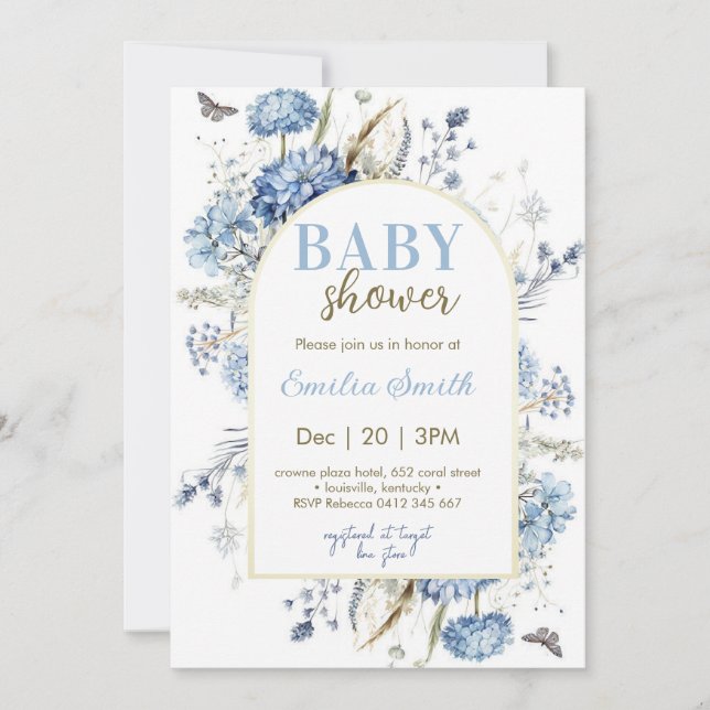 Invitación Duste Blue Floral Boy Ducha bebé (Anverso)
