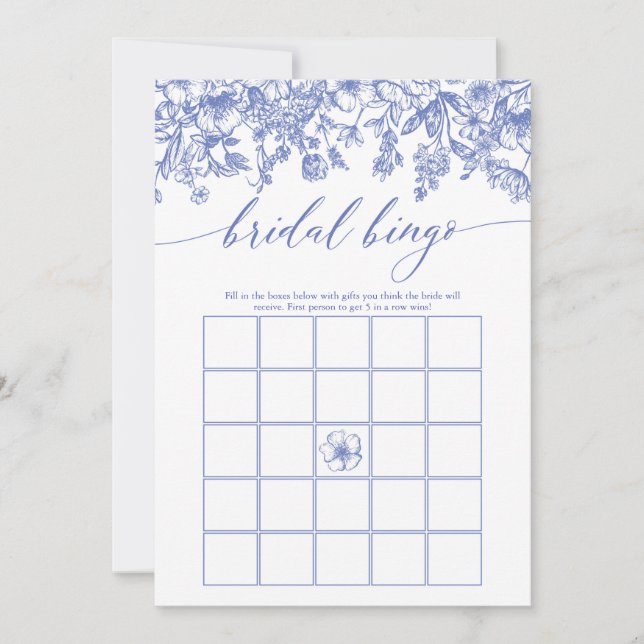Invitación Duste Blue Floral Bridal Bingo Bridal Shower Juego (Anverso)