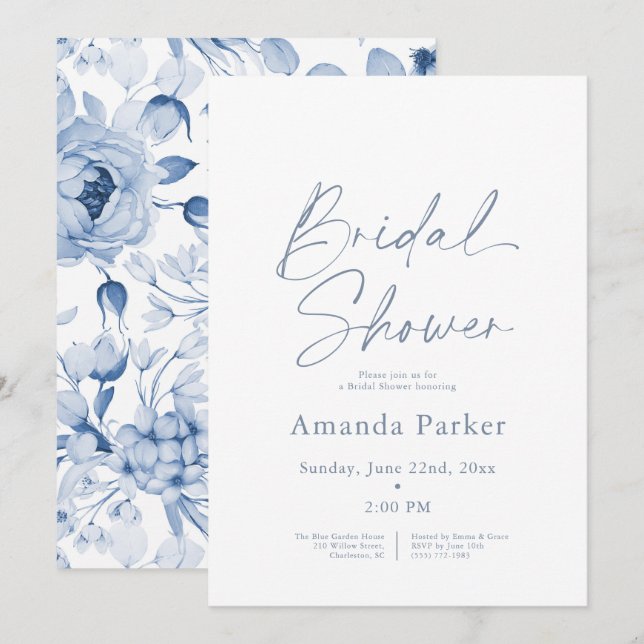 Invitación Duste Blue Floral Bridal Shower (Anverso / Reverso)
