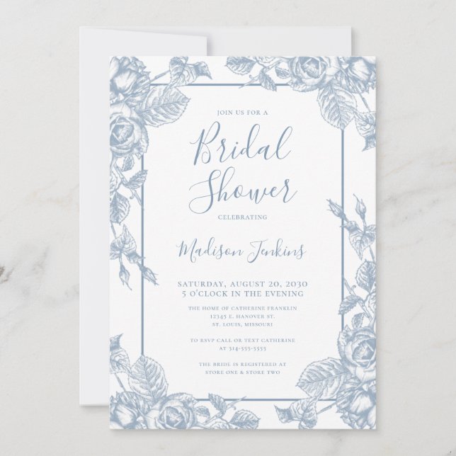 Invitación Duste Blue Floral Bridal Shower (Anverso)