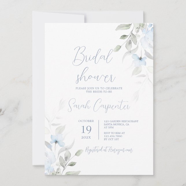 Invitación Duste Blue Floral Bridal Shower (Anverso)