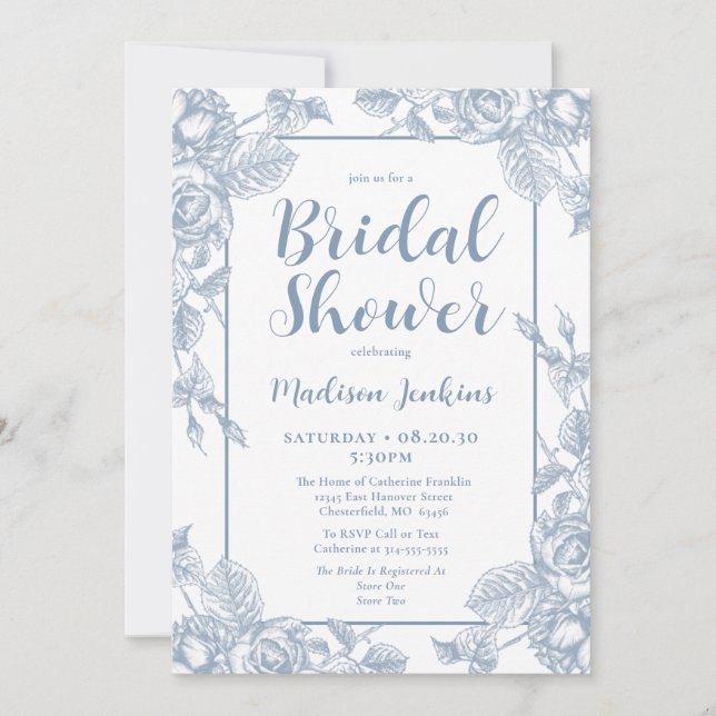 Invitación Duste Blue Floral Bridal Shower (Anverso)