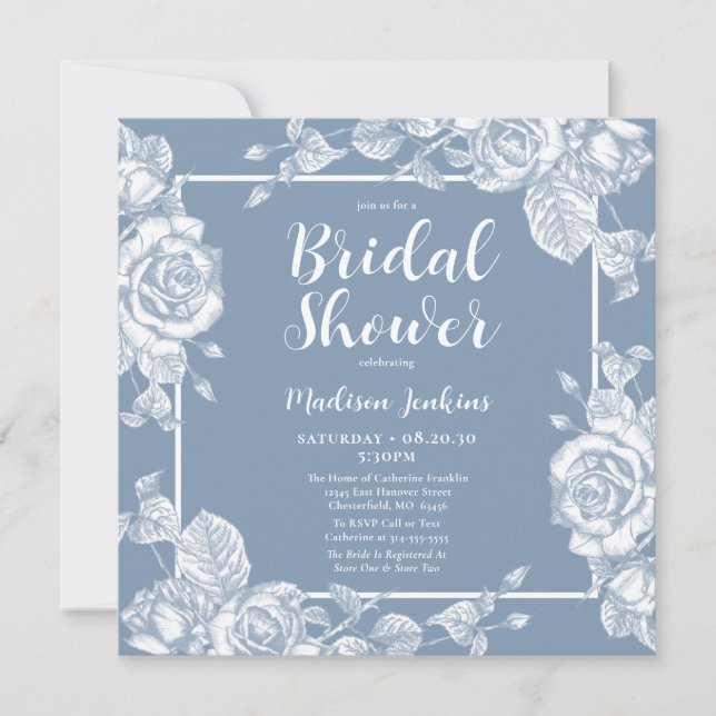 Invitación Duste Blue Floral Bridal Shower (Anverso)