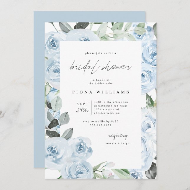 Invitación Duste Blue Floral Bridal Shower  (Anverso / Reverso)