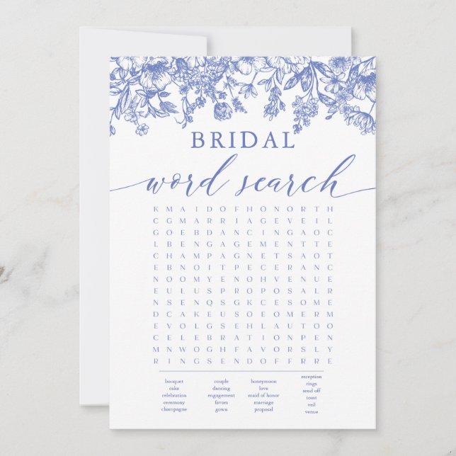 Invitación Duste Blue Floral Bridal Shower Word Search Game (Anverso)