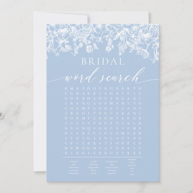 Invitación Duste Blue Floral Bridal Shower Word Search Game (Anverso)