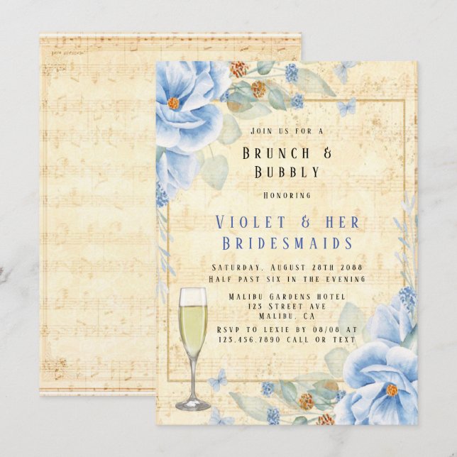 Invitación Duste Blue Floral Brunch musical y Bubbly (Anverso / Reverso)