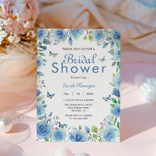 Invitación Duste Blue Floral Butterfly Bridal Shower