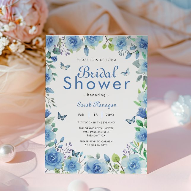 Invitación Duste Blue Floral Butterfly Bridal Shower (Watercolor Dusty Blue Floral Greenery Butterfly bridal shower)