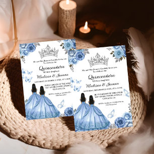 Invitación Duste Blue Floral Butterfly Chica Quinceanera