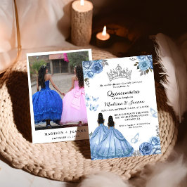 Invitación Duste Blue Floral Butterfly Chica Quinceanera