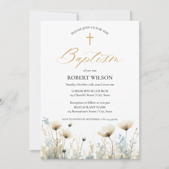 Invitación Duste Blue Floral Cross Boy Christening Baptism (Anverso)